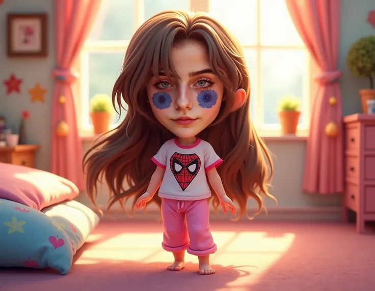 a chibi girl wearing a spiderman t-shirt and pink pajamas, blue eyes, long brown hair, cute, adorable, whimsical, fantasy, cartoon-like, soft lighting, colorful, vibrant, highly detailed, 8k, masterpiece, photorealistic, professional art