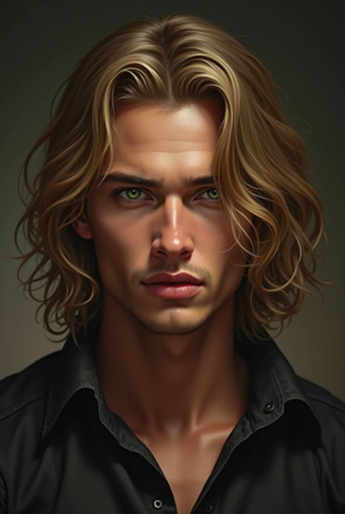 Create a guy, Male , belo, realistic, .  Your hair is a bit long, And the color of honey .  Your skin is dark brown .  Their eyes are of the thin almond-shaped type,  and they are light green .  Your eyes are sexy .  He has a serious expression on his face...