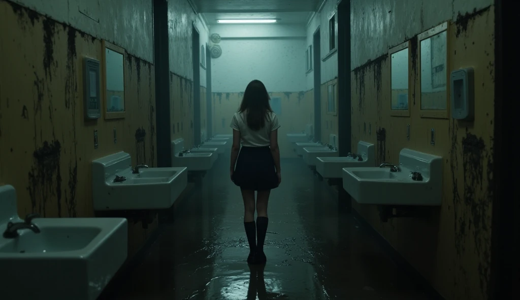 An abandoned high school bathroom is dimly lit, with a cracked sink and rows of dirty mirrors, and black mold crawling down the walls. A young girl in a school uniform stands motionless near the entrance, her back to the camera as she stares down a corrido...