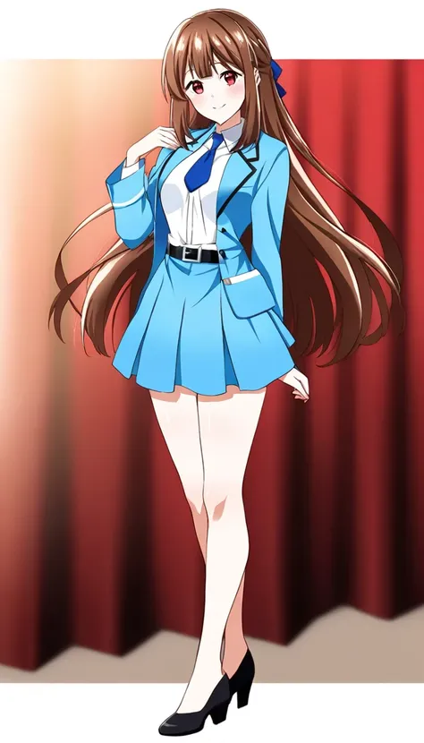 masterpiece、 top quality、Good quality、Love Minami、1 Girl、solo、 long hair on background、Brown Hair、 red eyes、bangs、smile、 full body style that reflects your whole body、Normal milk、 narrow waist 、Bare legs、 in a suit、Light blue jacket, collared shirt 、 white...