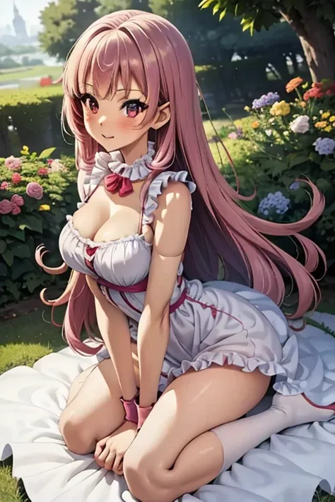 woman kneeling in flowers, Smooth anime CG art, one-girl，Wearing a light purple-pink long dress，Hair flutters，Purple hair、adolable，Pure，White tulle sun dress、Red blush，full bodyesbian，full body pov,highly detailed exquisite fanart,animemanga girl，Delicate ...