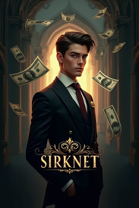  A logo with the name of SirKnet ,  in the background a mysterious and elegant boy, rich in money ,  dollars adorned with a lot of elegance  