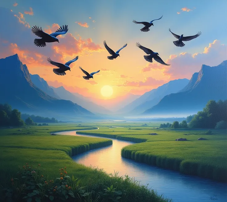 (photorealism:1.2)the photo is a paint ,that have sunset ,blue mountain,field,river and green land.the six birds are flying 