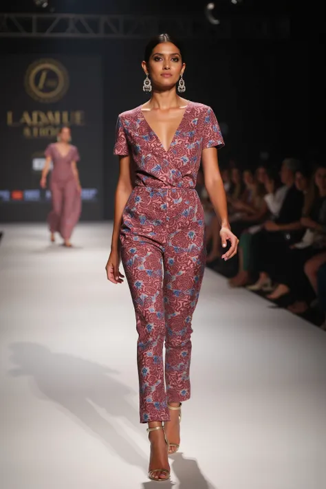 Bhumika Arora struts confidently down the catwalk, her curves accentuated by the tight, blush-red and azure ethnic print jumpsuit. The camera captures a close-up of her feet, highlighting the stiletto high heels as she takes each step with poise. A delicat...