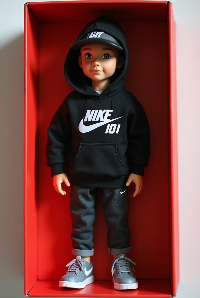 live-action、Real、An unopened box containing a figurine of a  boy, wearing black nike hoody jacket, with word "JAYSON" written in front of hoody jacket、wearing nike cap  look like human skin, Nike sneakers, with labelled name Nathaniel written in the box  ,...