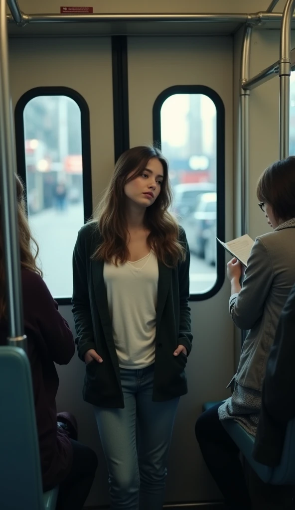 
This image was taken through a handrail of a train. A young woman stands at the exit door of a train, looking out of the train in the evening. Model Poses:** The model is standing inside the train, looking out the window. Her pose is relaxed, leaning forw...