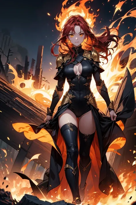 A cinematic, full-body portrait of a fiery woman standing in front of a raging inferno. Her long, red hair flickers like flames, and her skin glows with a molten golden hue. Her glowing orange-yellow eyes, with vertical slit pupils, radiate power. A confid...