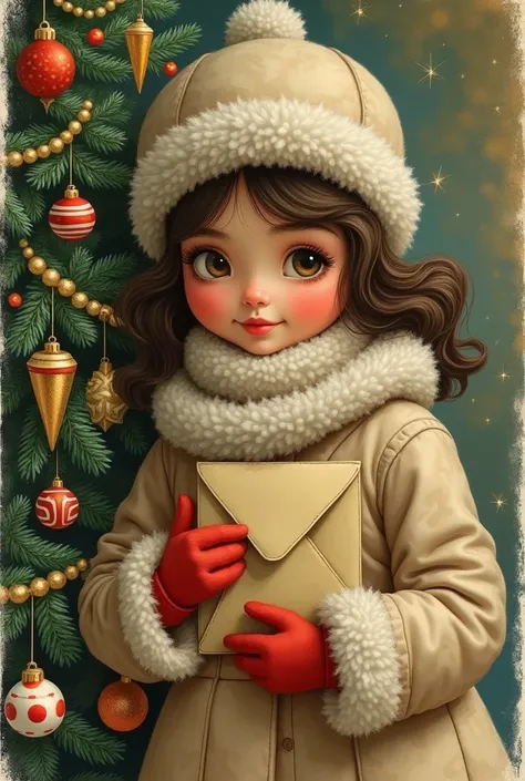 Retro postcard with a girl near the Christmas tree. A girl in a fur coat, scarf, mittens, hat with fur down. Expressive eyes and with ruddy cheeks.  Fluffy Christmas tree decorated with toys in the style of the last century - glass balls, lanterns, clapper...