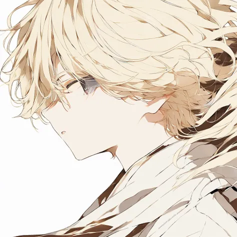 A boy eats chocolate、 smooth and blond hair、  hair blown in the wind  、 profile