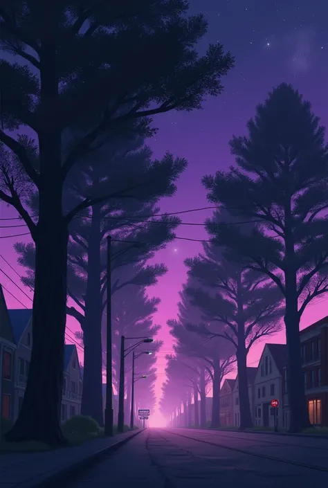 Quiet night in vukit with falling trees with purple sky 