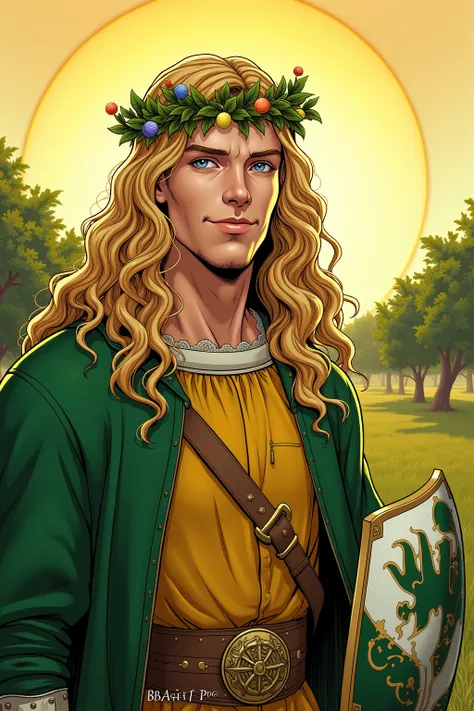 Garth Greenhand, man, 30, long blond curly hair, tall, handsome, smiling, mythical figure, half-god, wearing green-yellow medieval royal clothes, crown of vines and flowers. Background a field with fruit trees in the sun. In the right corner a shield that ...