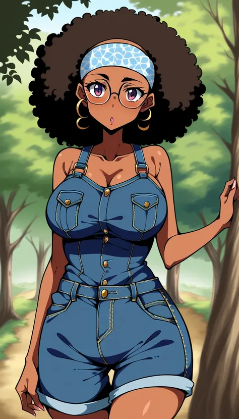   beautiful adult black woman, 20th generation, Dark Skin,  Big Breasts 、 big butt、Glasses、amount、Afro、 headband behind a tree、ribbon、 denim jumpsuit