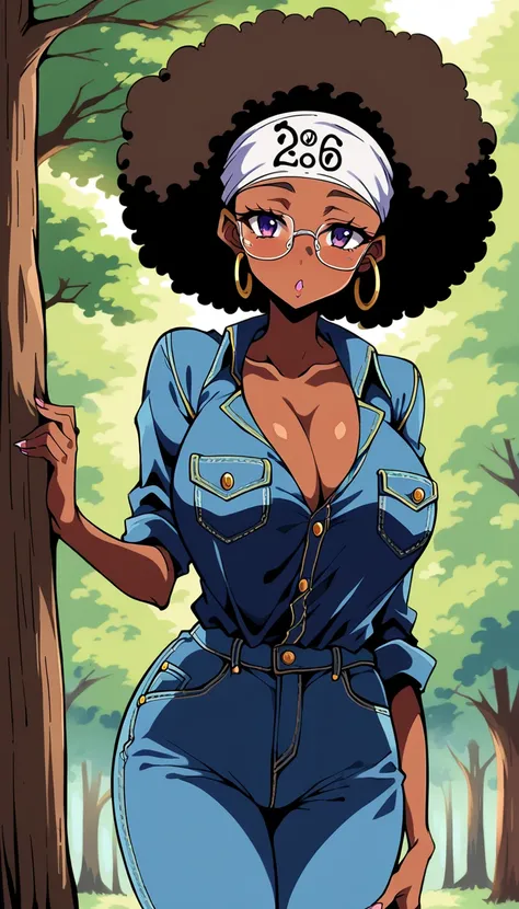   beautiful adult black woman, 20th generation, Dark Skin,  Big Breasts 、 big butt、Glasses、amount、Afro、 headband behind a tree、ribbon、 denim jumpsuit