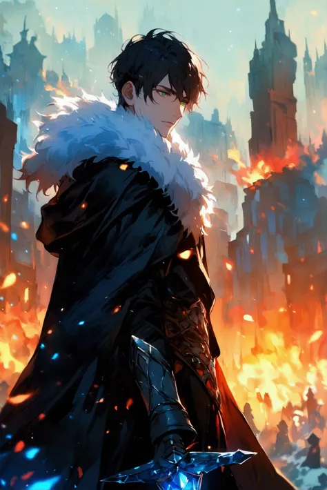 A handsome man stand in front of the burning city who can to control ice. And he is wearing a black cloak. He has short black hair and deep green eyes. He stares at in front of him. He is holding an ancient spear on his left hand
Behind him, there is a red...