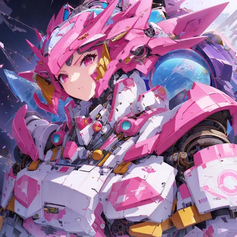 A man in his 50s、 wearing pink and white hair and a pink and white helmet,  looks back in a pilot suit that fits the body ,  detailed digital animation art ,   Best Anime 4k Conachan Wallpaper  , アニメMechanical Aesthetics, 4K highly detailed digital art , R...