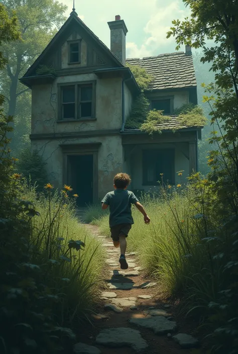 The boy runs away to hide in a
house