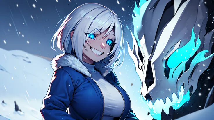 Sans Blue Jacket Black Shirt Fire Eyes Skull Smile Long Lashes White Short Hair Luminous Face Blue Dragon Skull Cannon One Person Standing In Snow Town Femininefull Super huge big breasts breast enlargement ultra-detailed, HDR, vibrant colors, soft lightin...