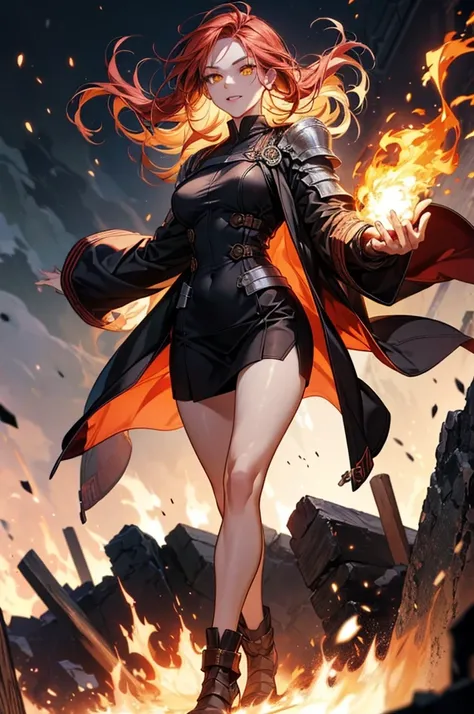 A cinematic, full-body portrait of a fiery woman, standing amidst a sea of raging flames. Her long, red hair flickers and flows like living fire, and her glowing orange-yellow eyes radiate power and intensity. A confident, fiery smile graces her lips, exud...