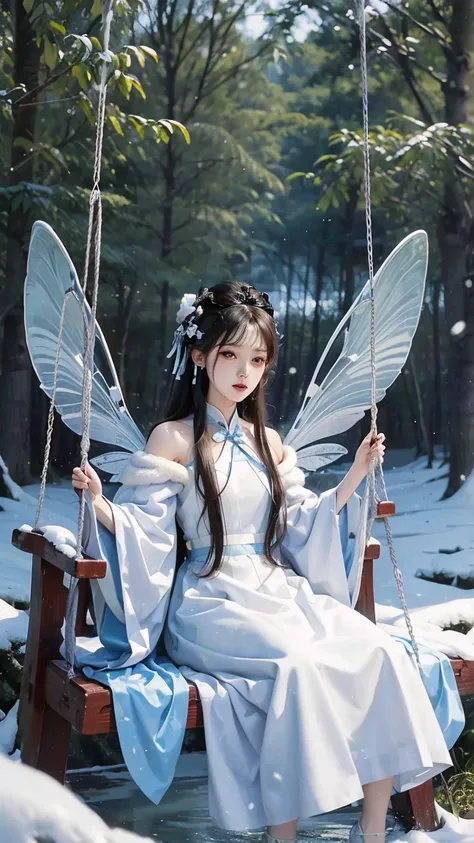  High Resolution ,  high detail,  High Quality ，Snow，Sea of Trees， A Chinese Ninetail Fox Woman，long white hair， Fluffy Fur and Hair , Wear White Fairy Dress ，: with Blue Magic Effect Fairy， Swing Fairy Skirt ， Shine Effect , 