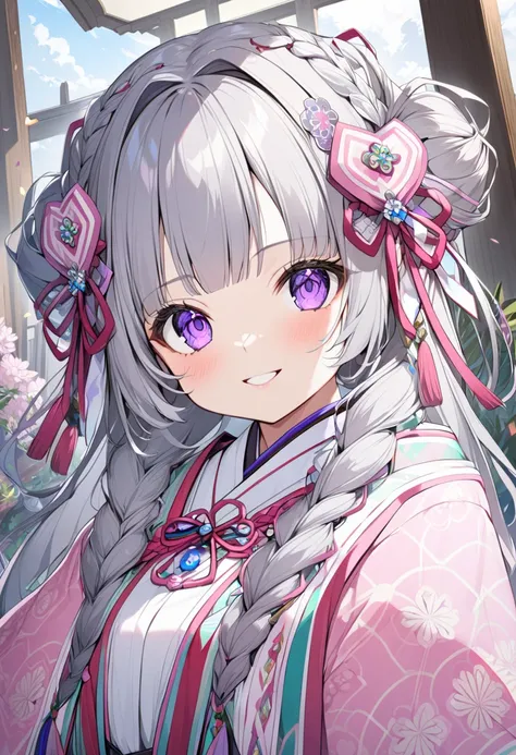  1 girl , Midea、 Ultra High Definition,  very detailed ,  long、Yurufua 、Gray Hair、 smiles,  purple eyes, Shrine maiden、 Ribbon Hair Accessory, 