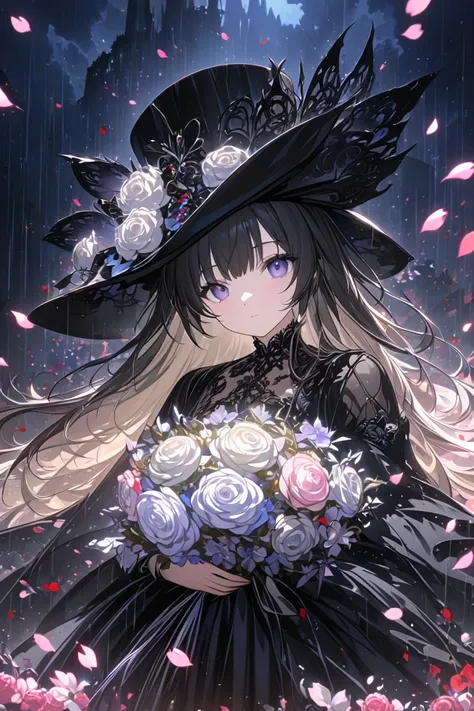 1girl,,face not visible,black Gothic dress,black hat,white bouquet,(holding white bouquet),standing,front,(black petals flying in profusion),Rain of petals,many petals,innumerable petals,petals floating in the air,Art Deco,Color Field painting,rococo style...