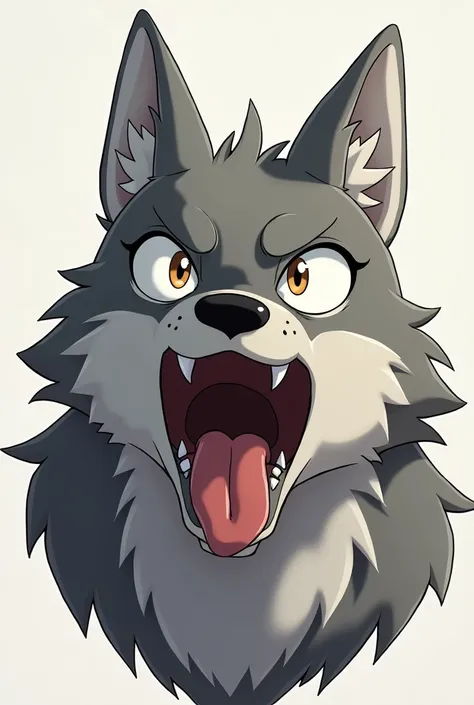 Legoshi the grey wolf from Beastars with his wide drooling mouth pointed toward the camera looking confused and somewhat flustered