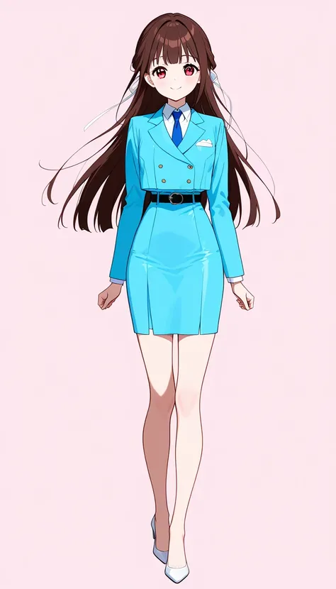 masterpiece、 top quality、Good quality、Love Minami、1 Girl、solo、 long hair on background、Brown Hair、 red eyes、bangs、smile、 full body style that reflects your whole body、Normal milk、 narrow waist 、Bare legs、 in a suit、Light blue jacket, collared shirt 、 white...