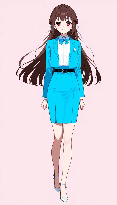 masterpiece、 top quality、Good quality、Love Minami、1 Girl、solo、 long hair on background、Brown Hair、 red eyes、bangs、smile、 full body style that reflects your whole body、Normal milk、 narrow waist 、Bare legs、 in a suit、Light blue jacket, collared shirt 、 white...