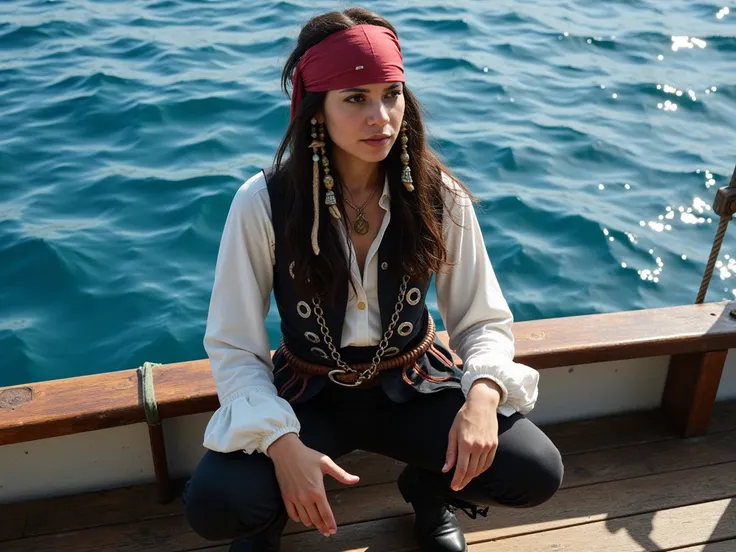  Jack Sparrow character from the movie "  Pirates of the Caribbean ". Dressed in a white shirt,  black pants . Leather boots on her feet .  hair black , wavy. there is a bandana on the head. is on the deck of the ship .Theres a blue sea around .