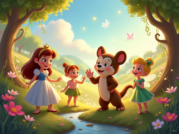 Create a group of Disney-style characters ,  in a same-style environment with bright colors and a comfortable setting 