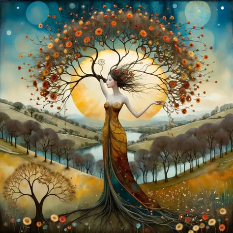 oil and acrylic painting. In the style of Andy Kehoe and Tracy Grimwood, Catrin Welz-Stein, Klimt. yggdrasill tree is a naked woman (beautiful bare breasts), transparent dress on a tuff promontory overlooking a valley with flowering apple trees, leaves lik...