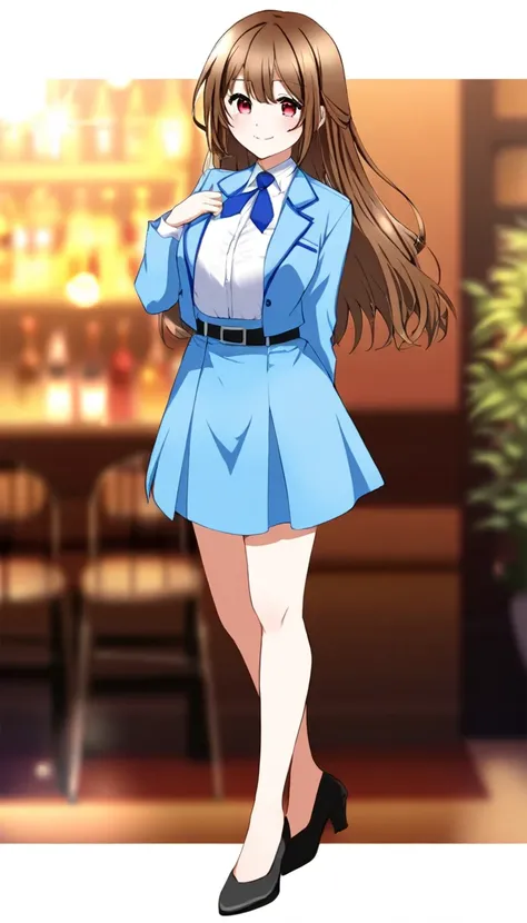 masterpiece、 top quality、Good quality、Love Minami、1 Girl、solo、 long hair on background、Brown Hair、 red eyes、bangs、smile、 full body style that reflects your whole body、Normal milk、 narrow waist 、Bare legs、 in a suit、Light blue jacket, collared shirt 、 white...