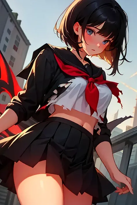 beautiful, masterpiece, top quality, extremely detailed face, perfect lighting, 1 girl, One, black serafuku, black skirt, golden hair, senketsu, torn clothes, underbust