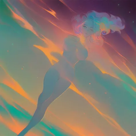 A beautiful design in vaporwave style, beautiful nude woman floating peacefully in a galactic setting with colorful stardust and colorful smoke trailing of into a surreal night sky, magical twinkling stars, glowing, dark background, full body, view from ab...