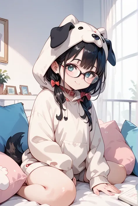 Black hair, glasses, dog costume