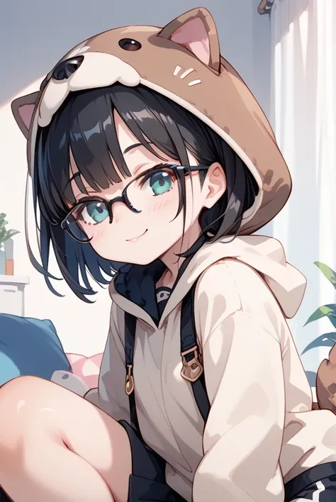 Black hair, glasses, dog costume