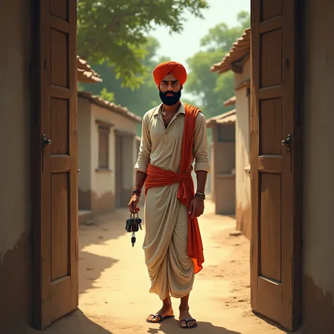 A young Indian man, short turban red, wearing a simple kurta and dhoti, standing at the door with a concerned look, holding car keys.
Background Prompt: A simple village house with wooden doors and a dusted road outside.