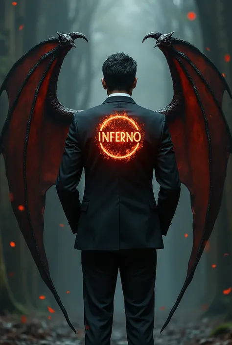 a guy in a suit with demonic wings on his back with a flaming circle written inferno on his jacket from behind looking back