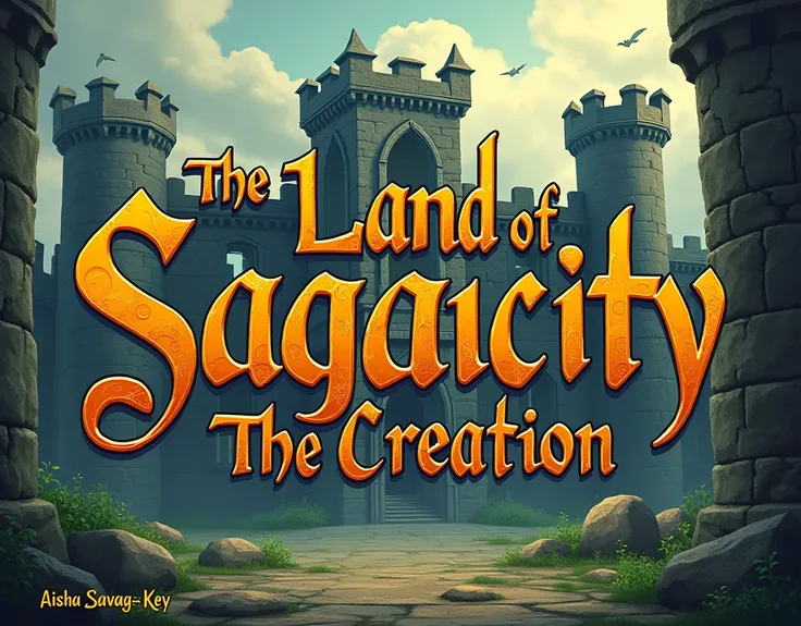 create a page written "The Land of Sagacity Series     THE CREATION By Aisha Savage-Key" in unique font ,  also create an old castle in war situation, with some front is empty, in 2d comic style 