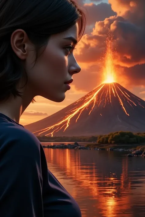 Volcanic eruption、A woman in the corner of the frame 、（ news reporter reports on the eruption to viewers:1.5)、Flowing lava、 red and black tones 、 dynamic scenes、( top quality、4K、8k、 high definition 、masterpiece:1.2)、 super detailed、( real、 photorealistic 、...