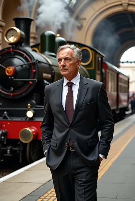 logo A man in a suit on the station platform near the Ruskeal train