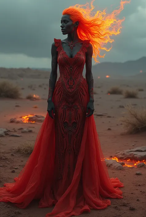 A Pyropelex woman with dark red skin in ornamental gown and intricate magma patterns, standing in a desolate wasteland with cracks in the ground emitting steam, her hair flickering like fire, with a stormy sky overhead. professional light, extremely qualit...