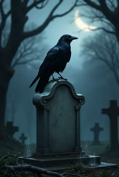  Black crow on a gravestone at night 