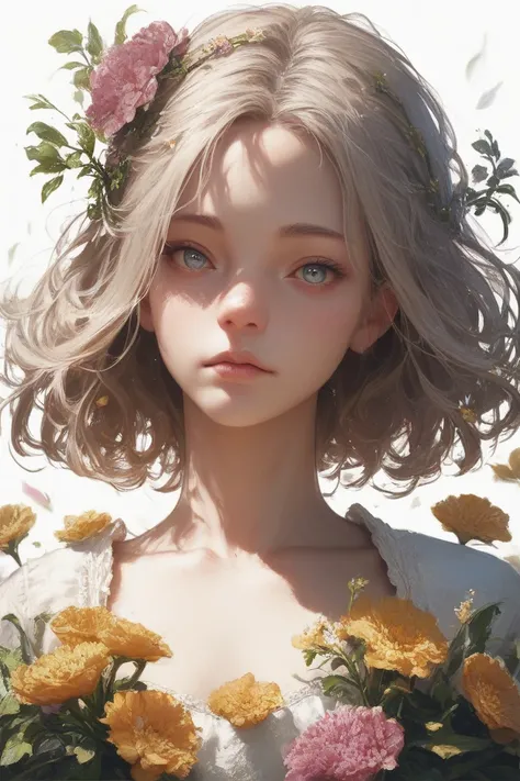 (cartoon style:1.2),  drawing of girl, perfect eyes, detailed face, flowers, white background, small breasts 