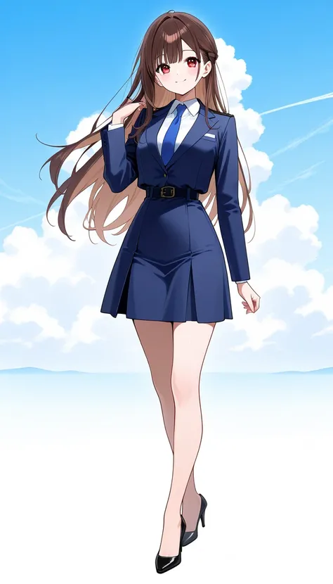 masterpiece、 top quality、Good quality、Love Minami、1 Girl、solo、 long hair on background、Brown Hair、 red eyes、bangs、smile、 full body style that reflects your whole body、Normal milk、 narrow waist 、Bare legs、 in a suit、 navy blue jacket , collared shirt 、 whit...