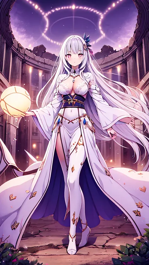  Masterpiece  ,  amazing, single, 1 person,  beautiful woman,Sage，  wizard , whole body,  fairy ,  Silver Hair,  long hair, Gray pupils,  Floating ball of light  , white Robe, Robe, relax, Detailed background on the ruins of ancient civilizations