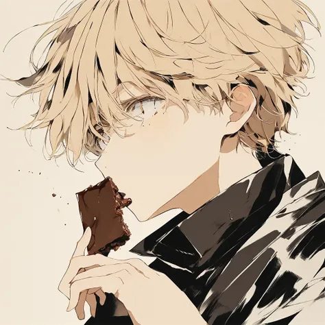  A boy is eating a square, firm chocolate in his mouth、Blondes hair blown by the wind profile