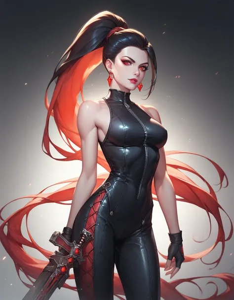 female black sleeveless leather turteneck bodysuit, bare shoulders, racerback, bare toned arms, beautiful faces, black ponytail with showing forehead, long ponytail, red earrings, soft smooth skin, pale skin, black background, red eyes, sci-fi, assassin, e...