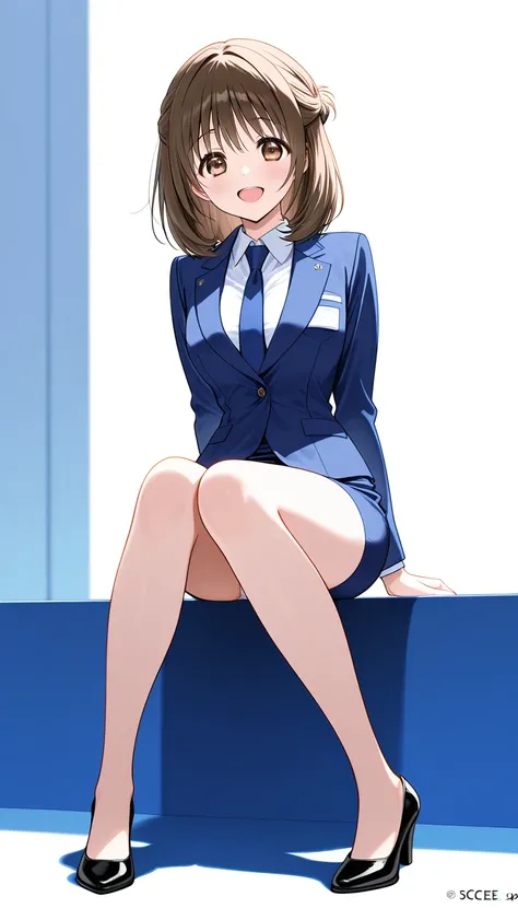 Masterpiece  ,  top quality, Good quality, Mochida Mako ,  brown hair,  Brown Eyes ,  medium hair up to buttocks, chest, smile,  open mouth,  1 girl , Alone,  full body style that reflects your whole body、Normal milk、 narrow waist 、Bare legs、 in a suit、 na...