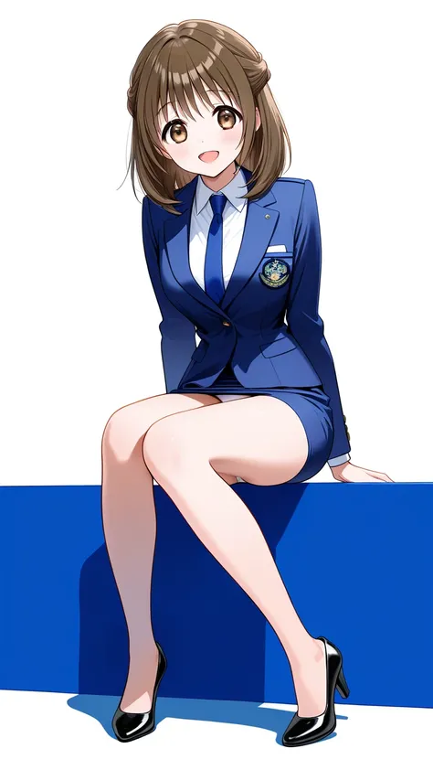 Masterpiece  ,  top quality, Good quality, Mochida Mako ,  brown hair,  Brown Eyes ,  medium hair up to buttocks, chest, smile,  open mouth,  1 girl , Alone,  full body style that reflects your whole body、Normal milk、 narrow waist 、Bare legs、 in a suit、 na...